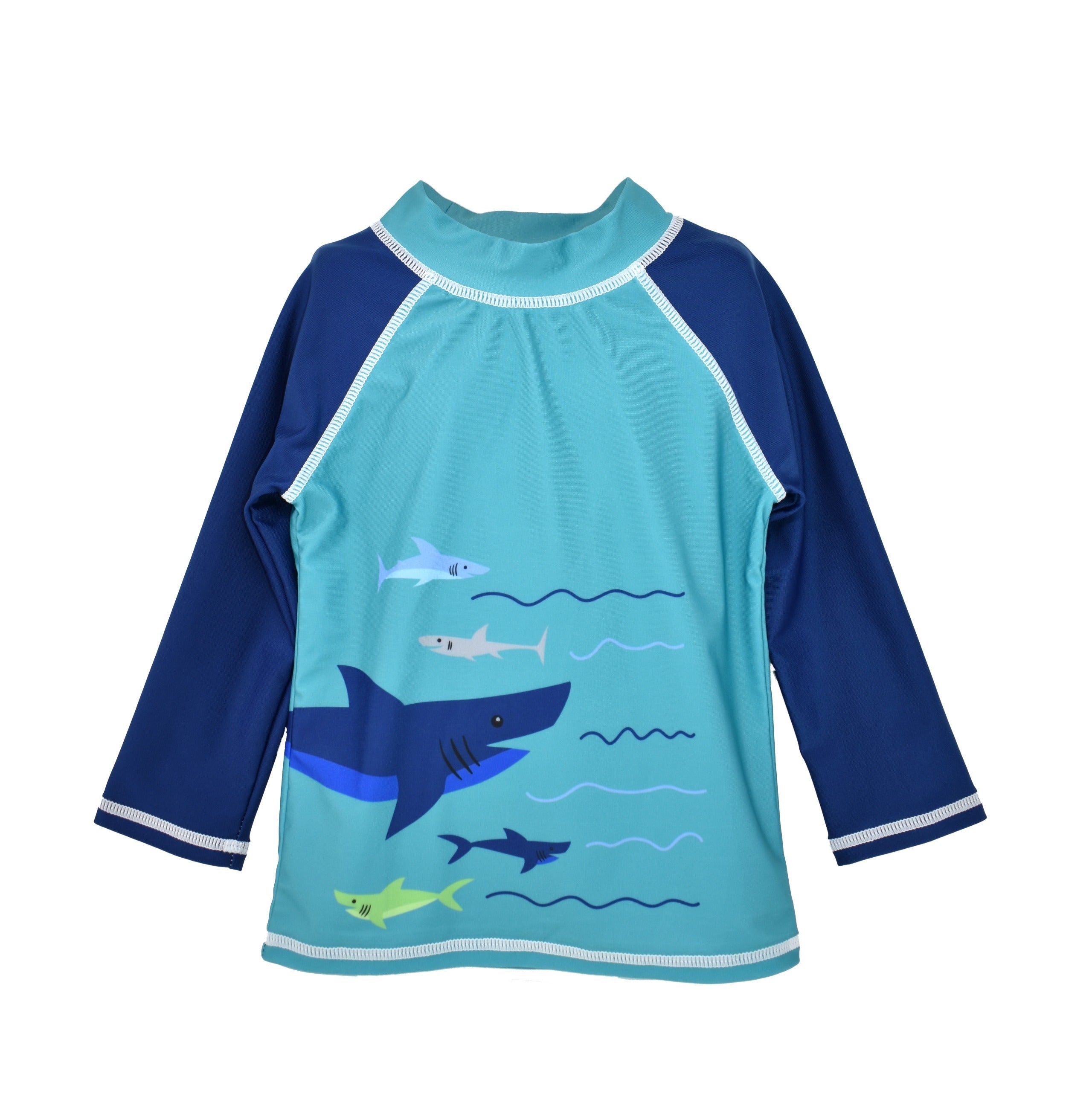 UPF 50+Graphic Rash Guard Swim Top - Sharky, navy sleeves with seafoam blue body and multi colored sharks