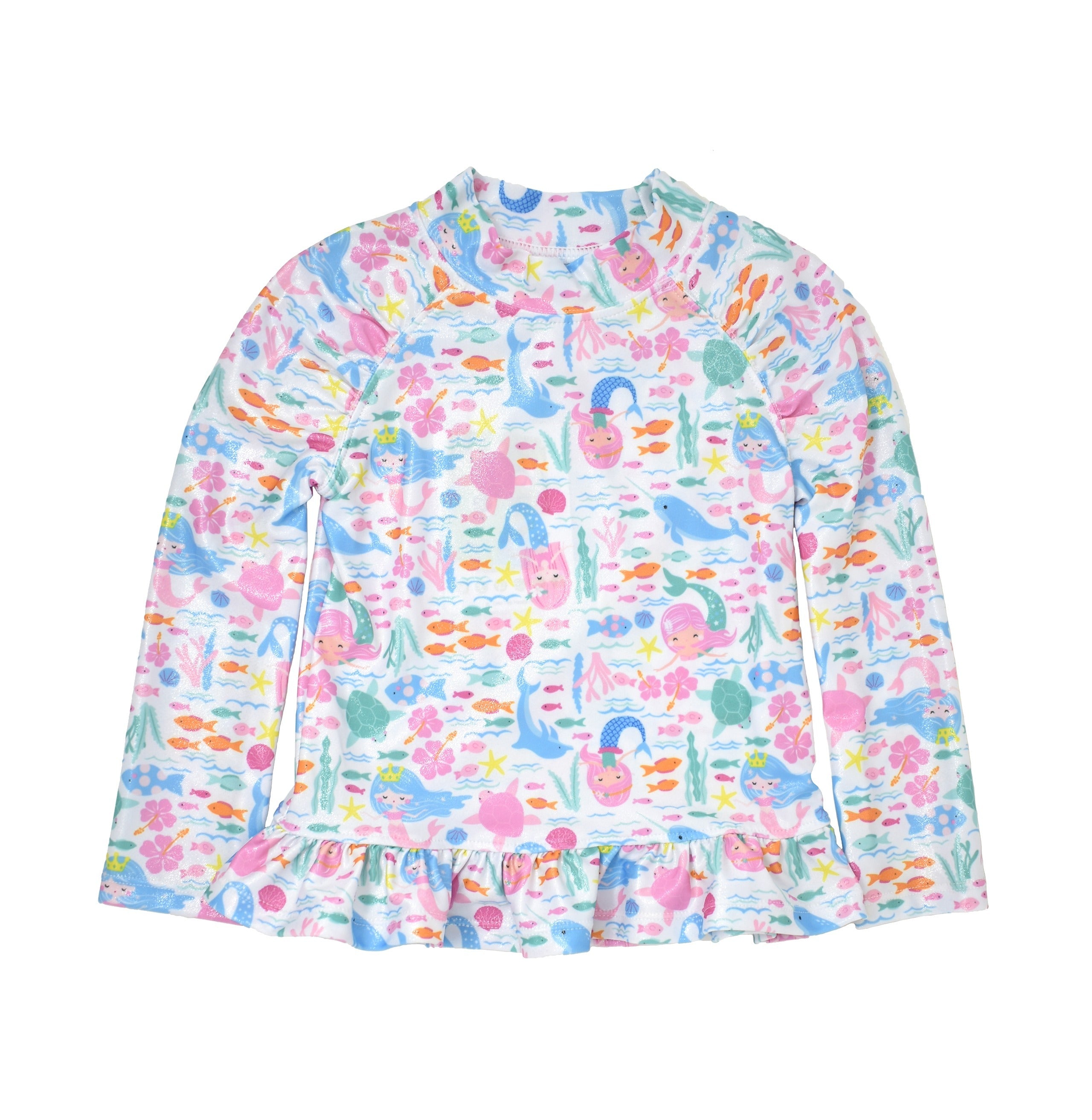 UPF 50+ Ruffle Rash Guard - Fantasea Mermaid, white with multicolored mermaids print