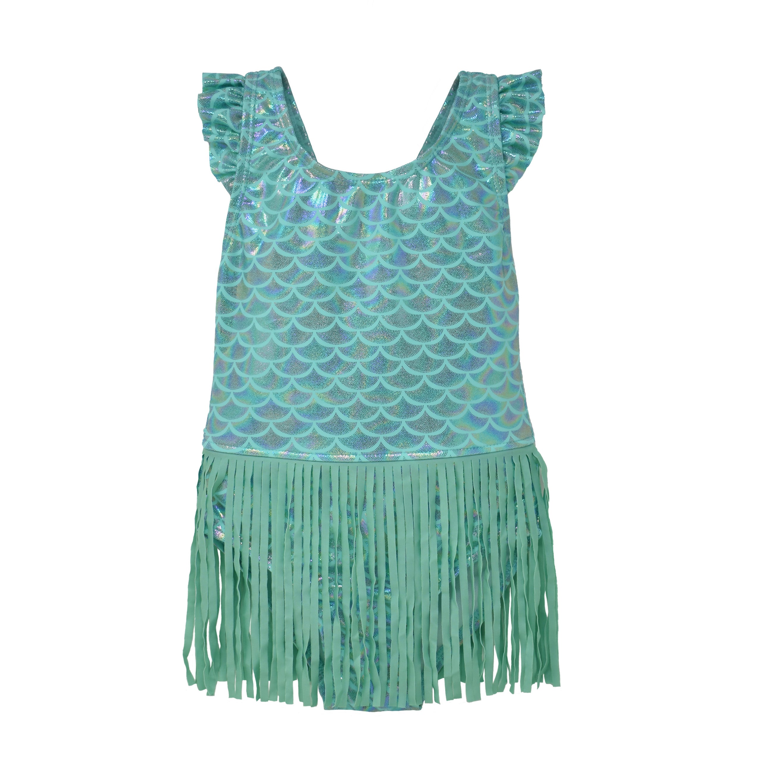 UPF 50+ Keilani One-Piece Swimsuit - Fairy Tale Scales, teal rash guard with sparkly, holographic, glitter mermaid scales and fringe skirt