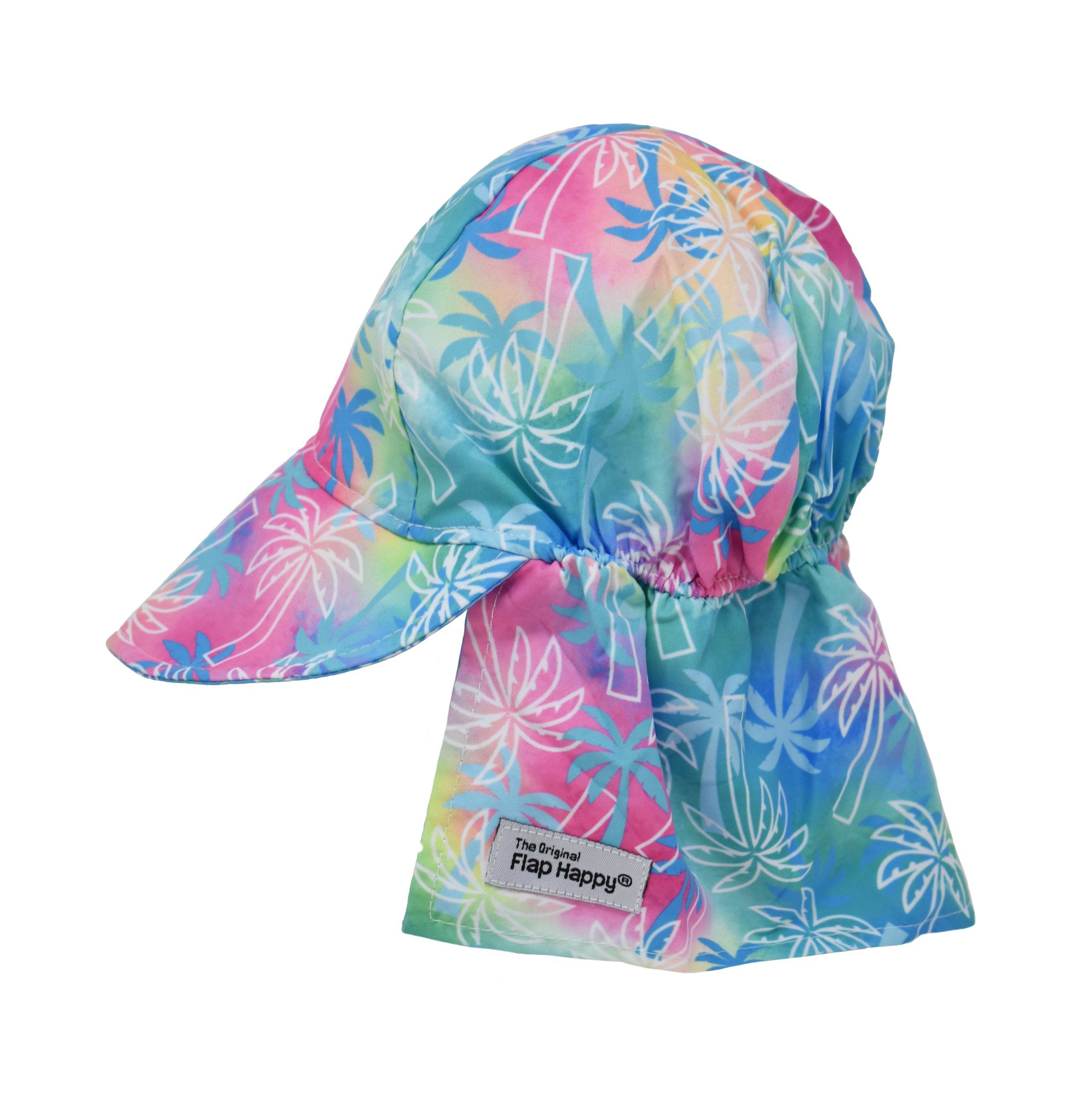 UPF 50+ Original Flap Hat - Palm Paradise Blue, multicolored hat with blue and white palm trees