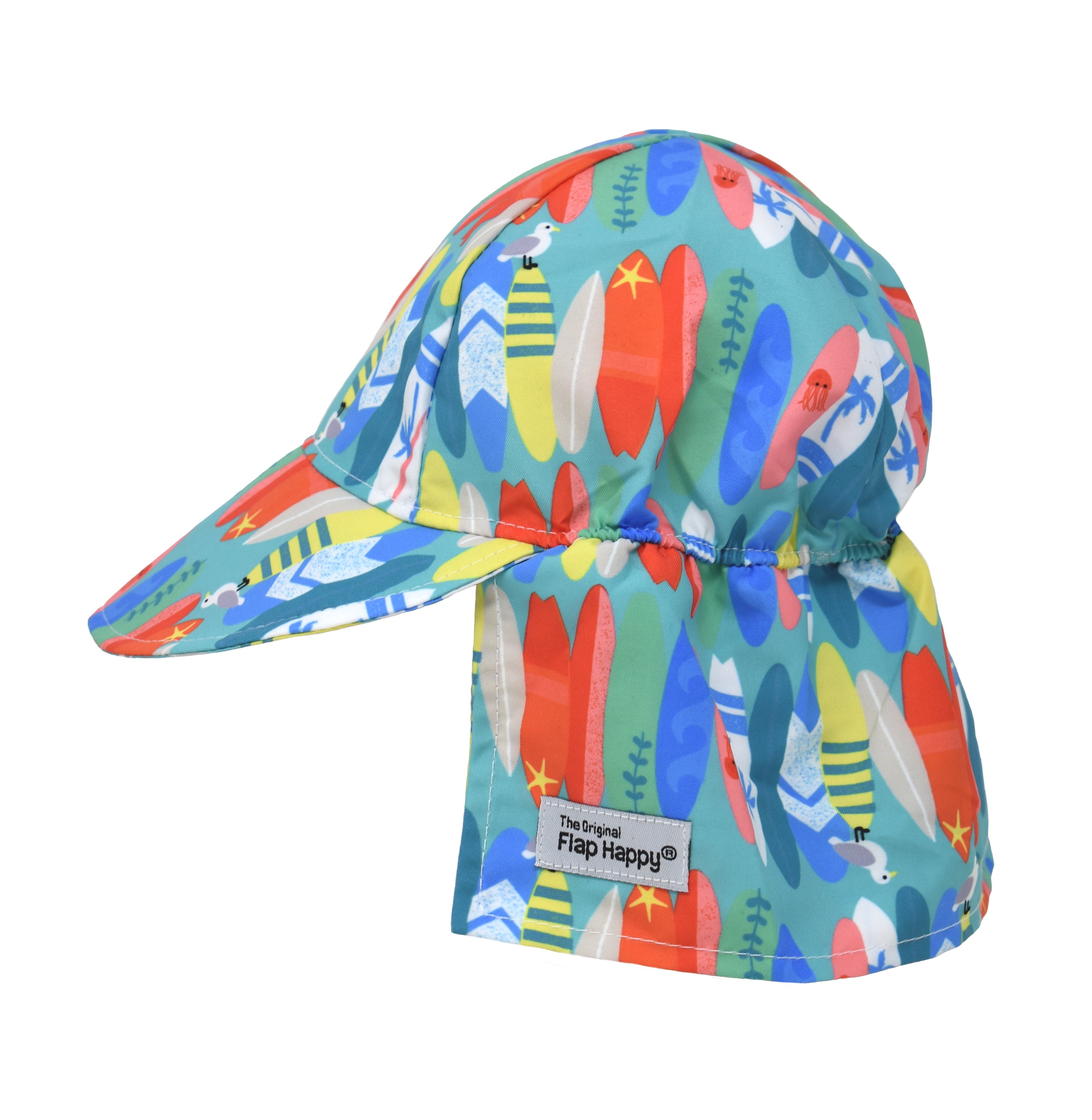 UPF 50+ Original Flap Hat - Surfing Safari, teal hat with orange, green, blue, and yellow surfboards