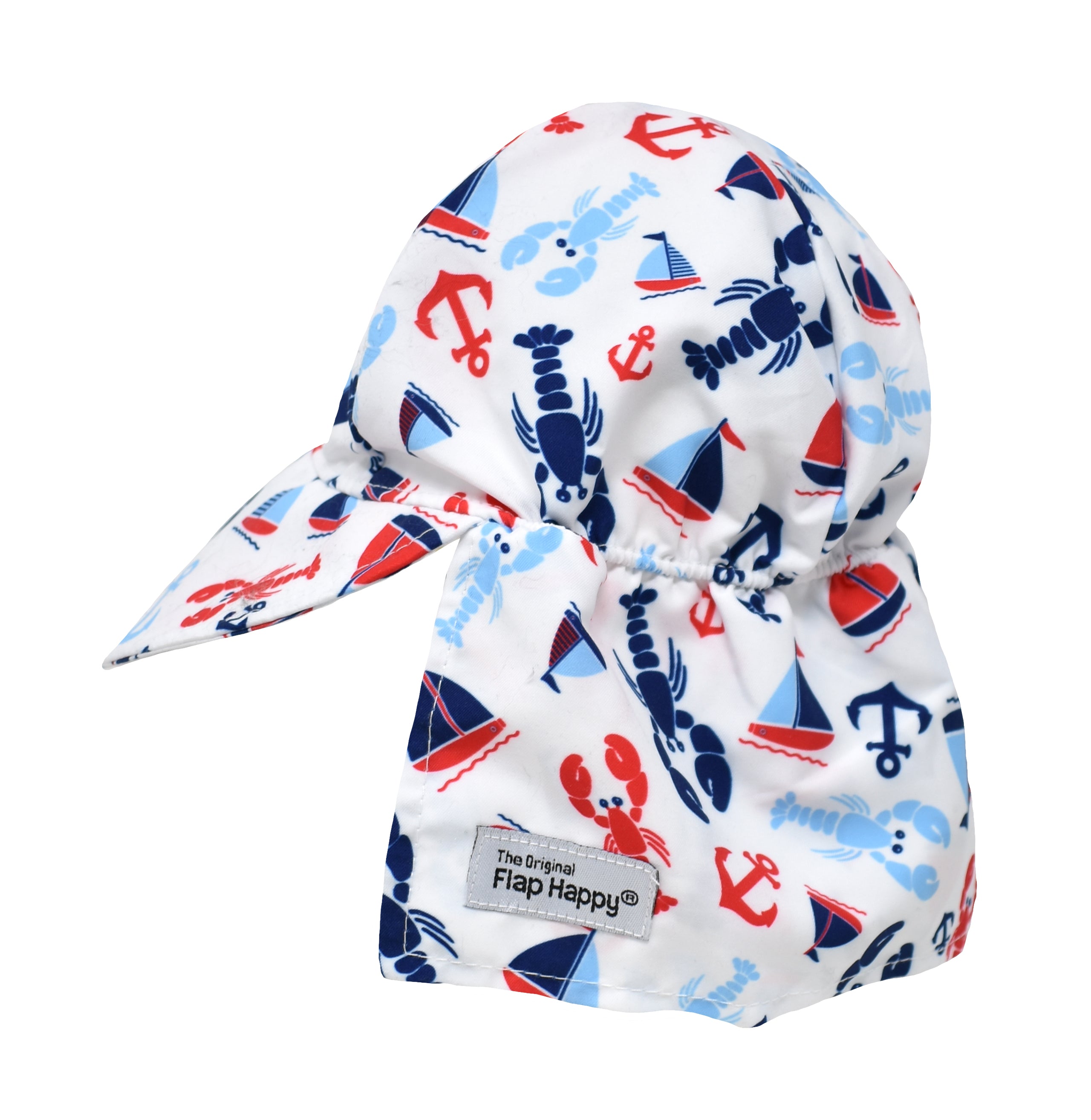 UPF 50+ Original Flap Hat - Sunday Sails, white hat with red and blue lobsters, sailboats, and anchors