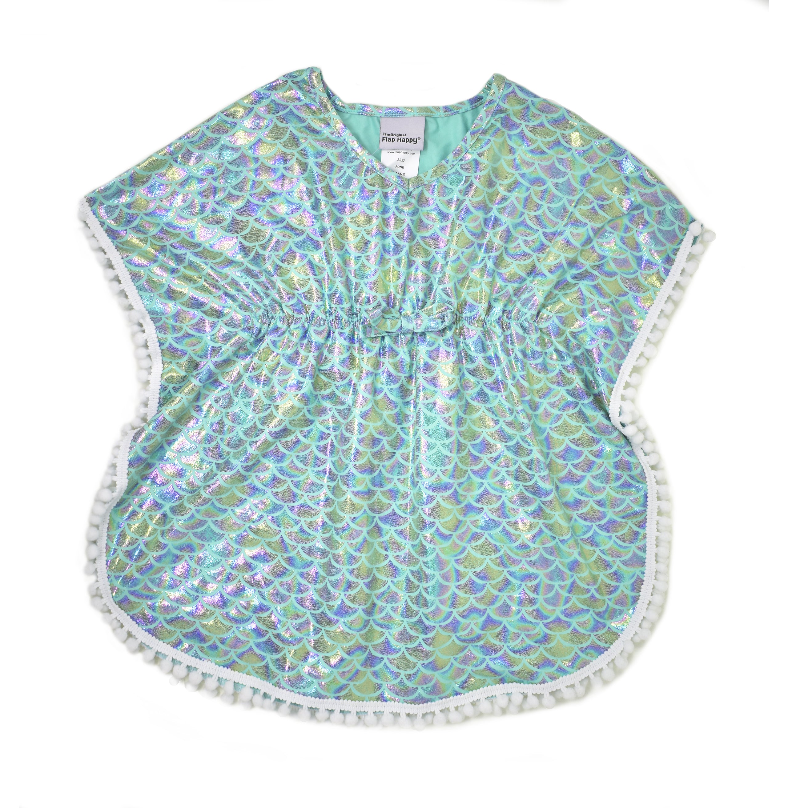 UPF 50+ Kaia Beach Swim Cover Up - Fairy Tale Scales, teal poncho with sparkly, holographic, glitter mermaid scales and white pom-pom trim