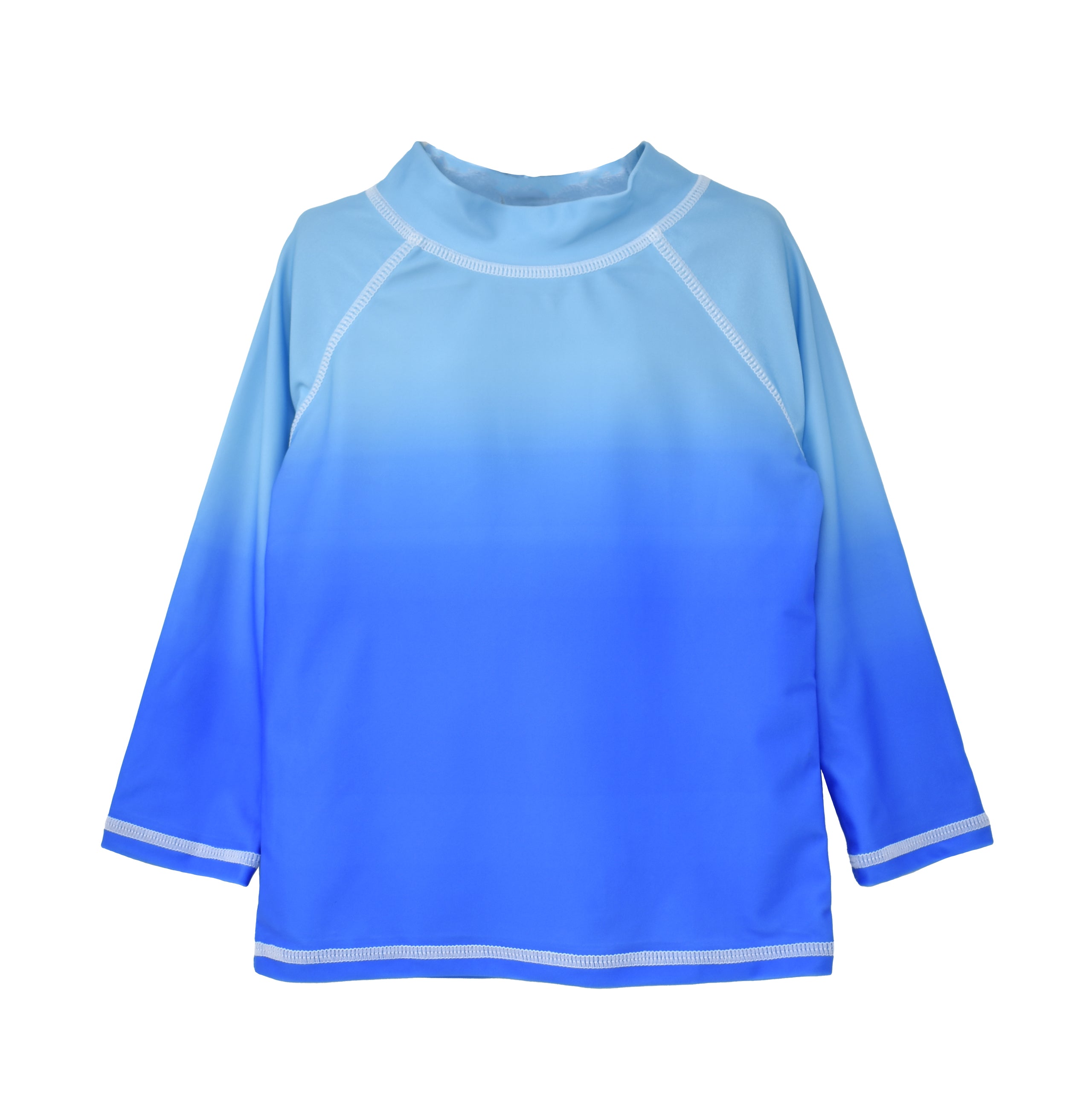 UPF 50+ Graphic Rash Guard Swim Top - Blue Ombre, a blue ombre baby blue fade to light blue rash guard top
