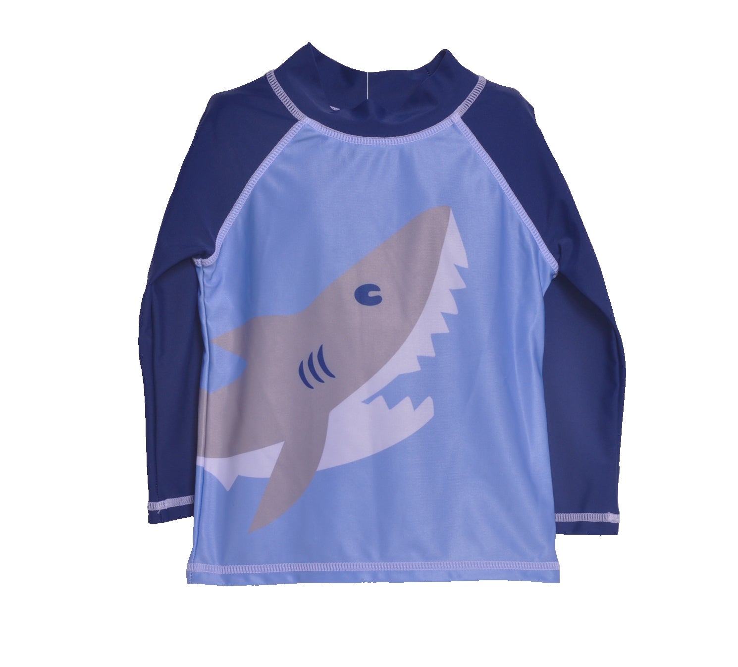 UPF 50+ Graphic Rash Guard Swim Top (Recycled) - Happy Shark, navy sleeve with light blue body and a grey shark print on right side of body wrapping around