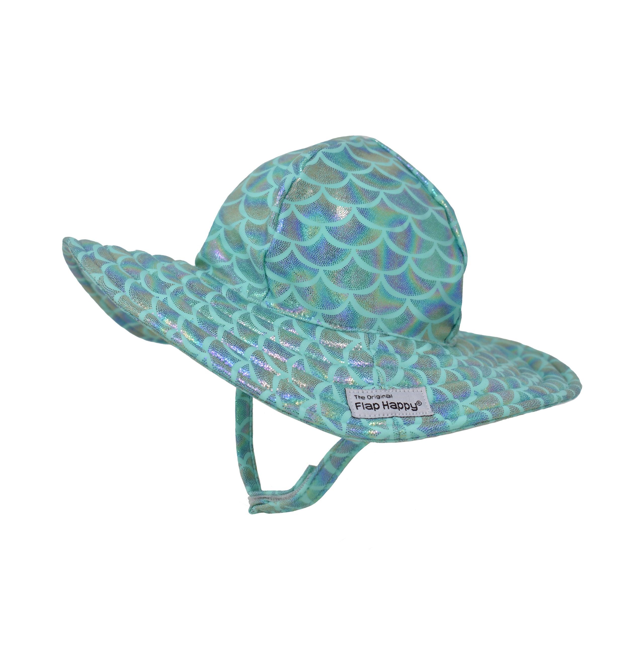 UPF 50+ Summer Splash Swim Hat - Fairy Tale Scales, teal swim sunhat with sparkly holographic, glitter mermaid scales