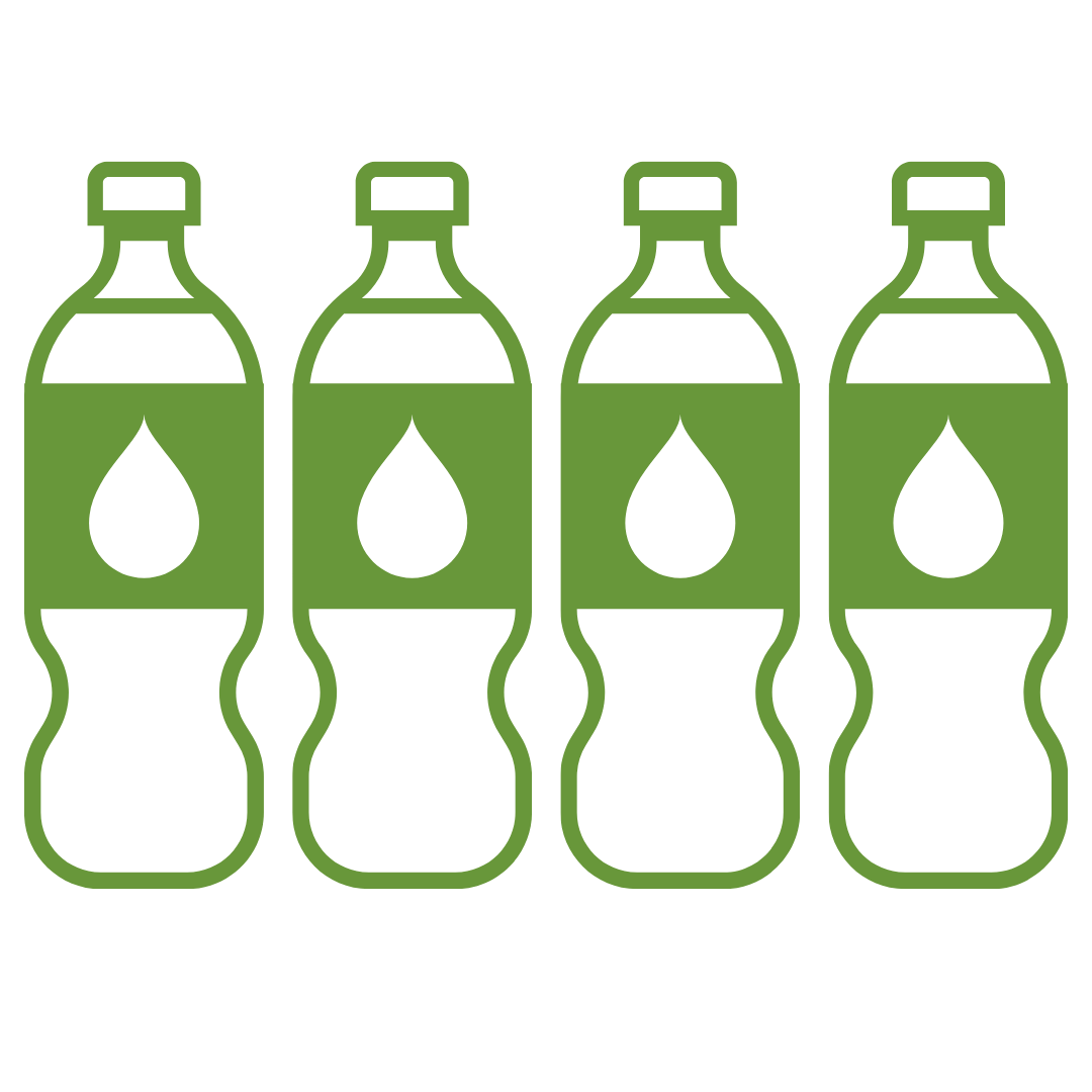 Green outline of water bottles with green labels