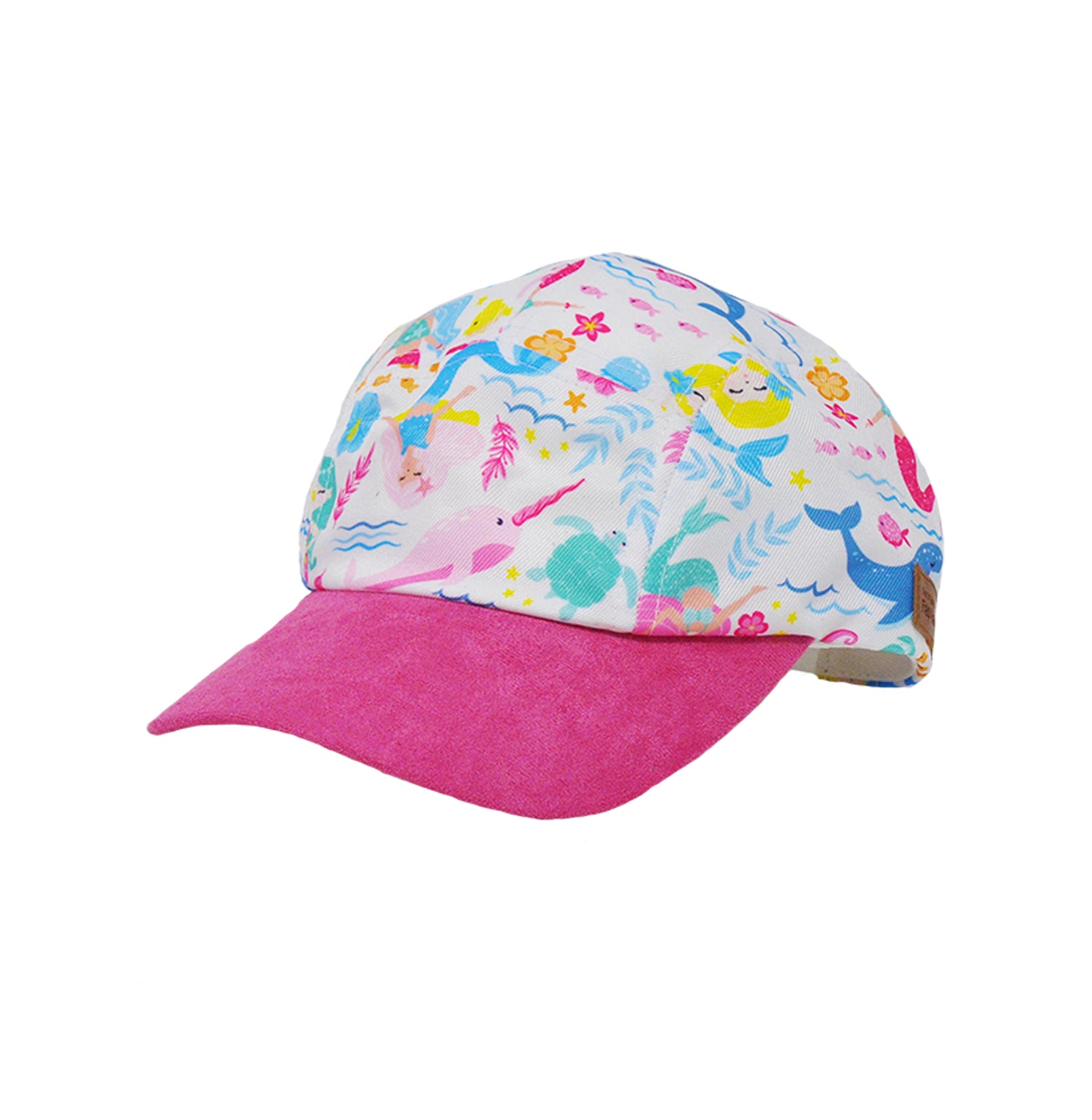 Flap Happy Kids UPF 50+ Cam-Cam Sun Hat in Mermaid Friends. The print has colorful Mermaids. surrounded by Whales, turtles and fishes.