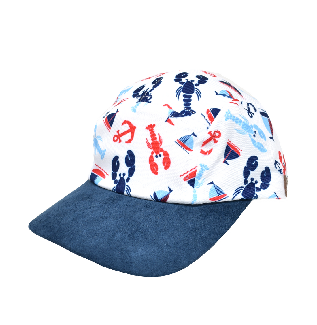 UPF 50+ Cam-Cam Cap - Sunday Sails. White baseball cap with red and blue lobsters, sailboats, and anchors. Navy blue brim.