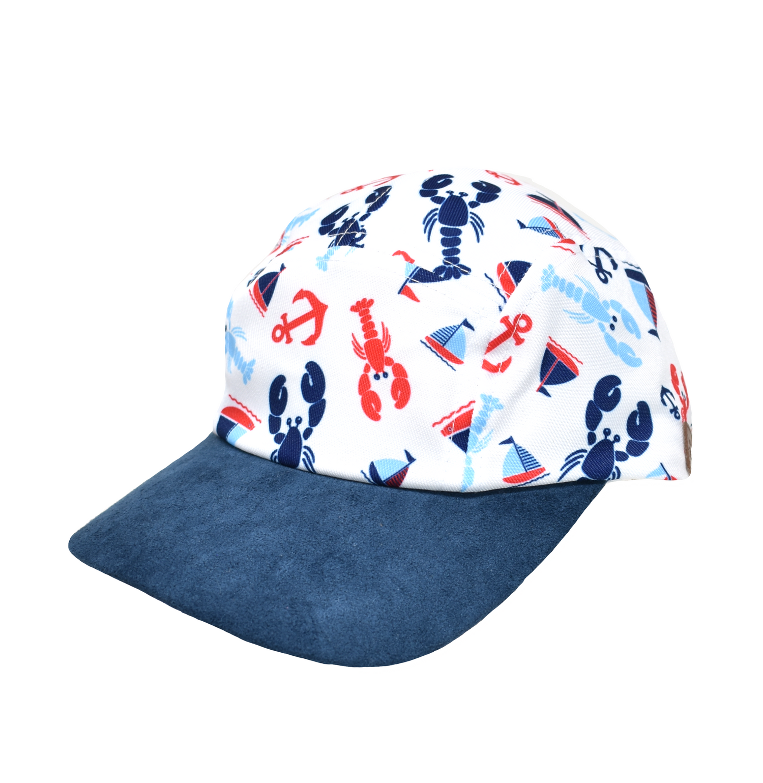 UPF 50+ Cam-Cam Cap - Sunday Sails. White baseball cap with red and blue lobsters, sailboats, and anchors. Navy blue brim.