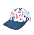 UPF 50+ Cam-Cam Cap - Sunday Sails. White baseball cap with red and blue lobsters, sailboats, and anchors. Navy blue brim.