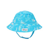  Flap Happy Kids UPF 50+ Bucket Hat Sun Hat in Coco Beach Turtles for sun protection. The Print is Turquoise with watercolor turtles. surfboards and palm trees.
