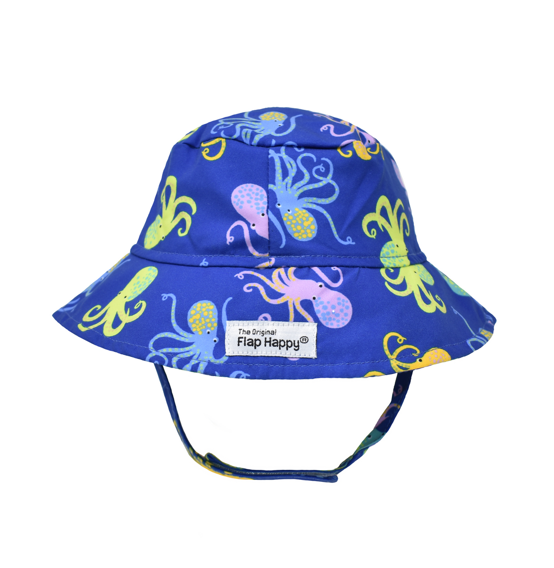 UPF 50+ Bucket Hat - Octo-Pop. Dark blue hat with multicolored green, blue, orange and purple octopi. Velcro chin strap.