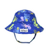 UPF 50+ Bucket Hat - Octo-Pop. Dark blue hat with multicolored green, blue, orange and purple octopi. Velcro chin strap.