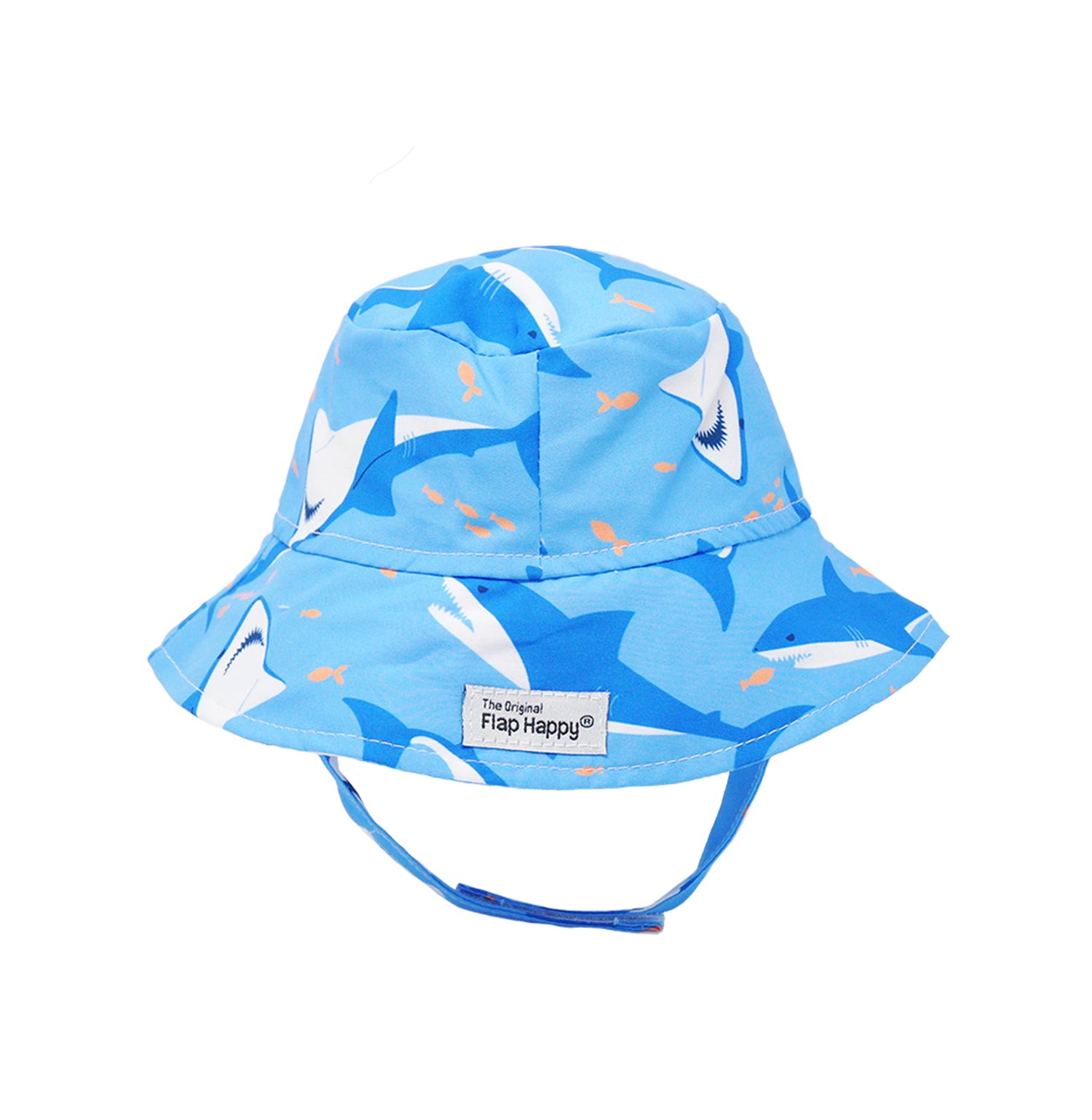 Flap Happy Kids UPF 50+ Bucket Hat Sun Hat in Shark Cyclone for sun protection. . The print has white and light blue sharks with small orange fishes.
