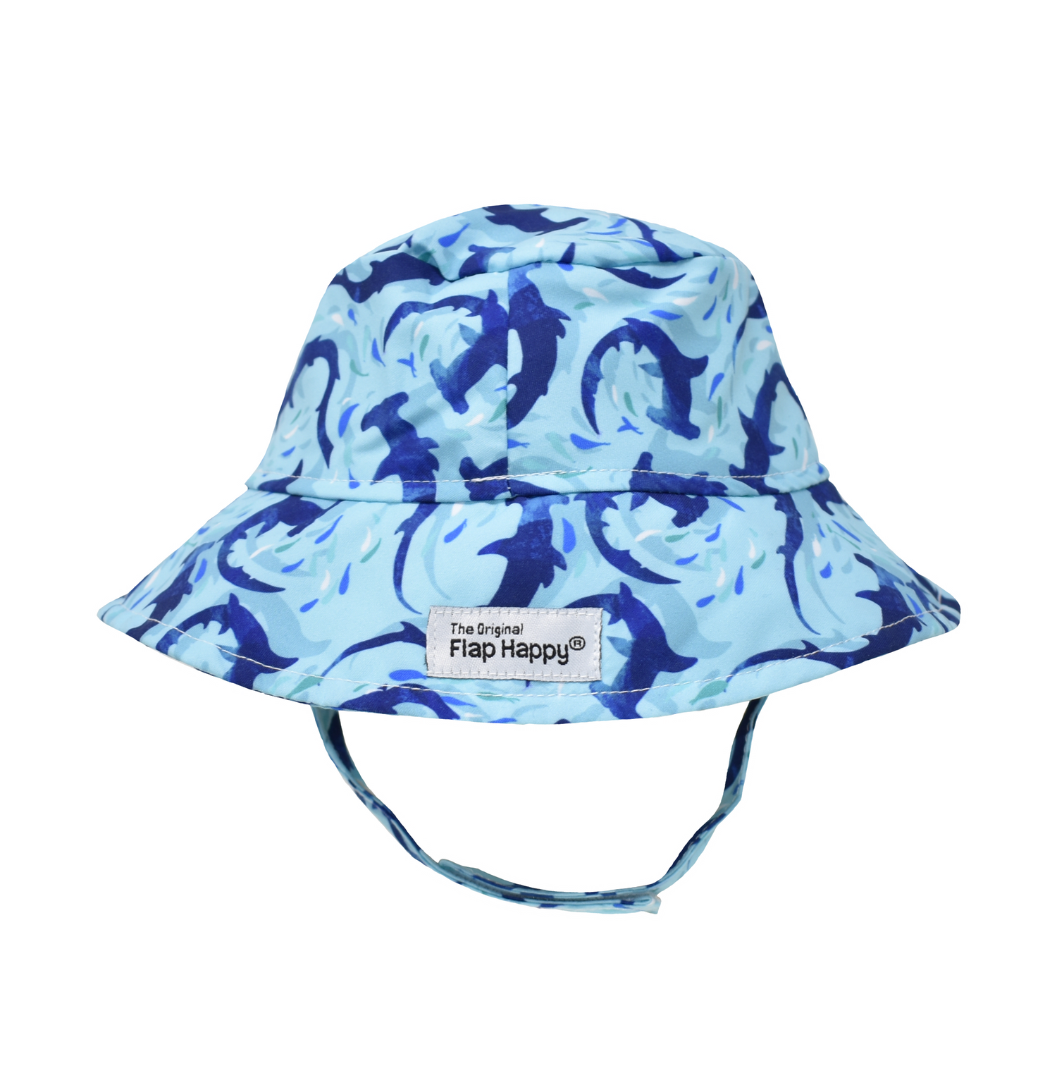 UPF 50+ Bucket Hat - Swirly Sharks. Light blue hat with navy blue watercolor hammerhead sharks, and blue and white fish. Velcro chin strap. 