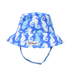 UPF 50+ Bucket Hat - Seahorse Parade Blue. Blue hat with light blue and white seahorses. Velcro chin strap.