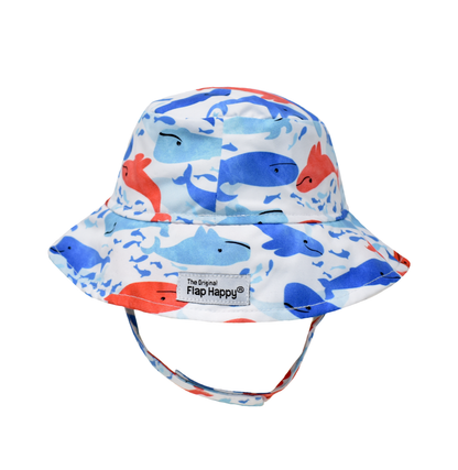 UPF 50+ Bucket Hat - Splish Splash Whale Blue. White hat with red, light blue and dark blue watercolor whales. Velcro chin strap.