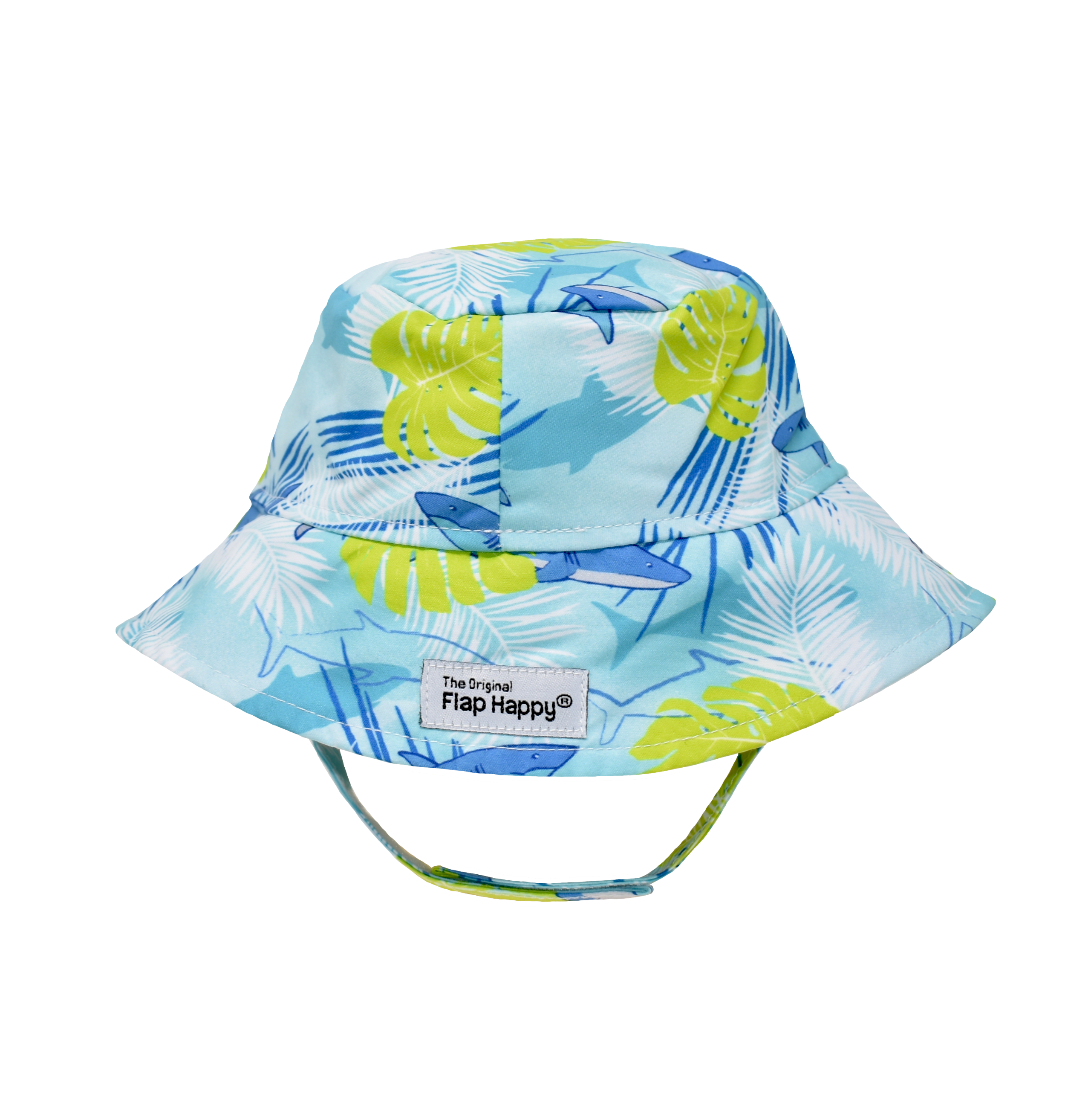 UPF 50+ Bucket Hat - Undersea Paradise. Light blue hat with grey and blue sharks, bright green palm leaves, and navy and white palm fronds. Velcro chin strap.