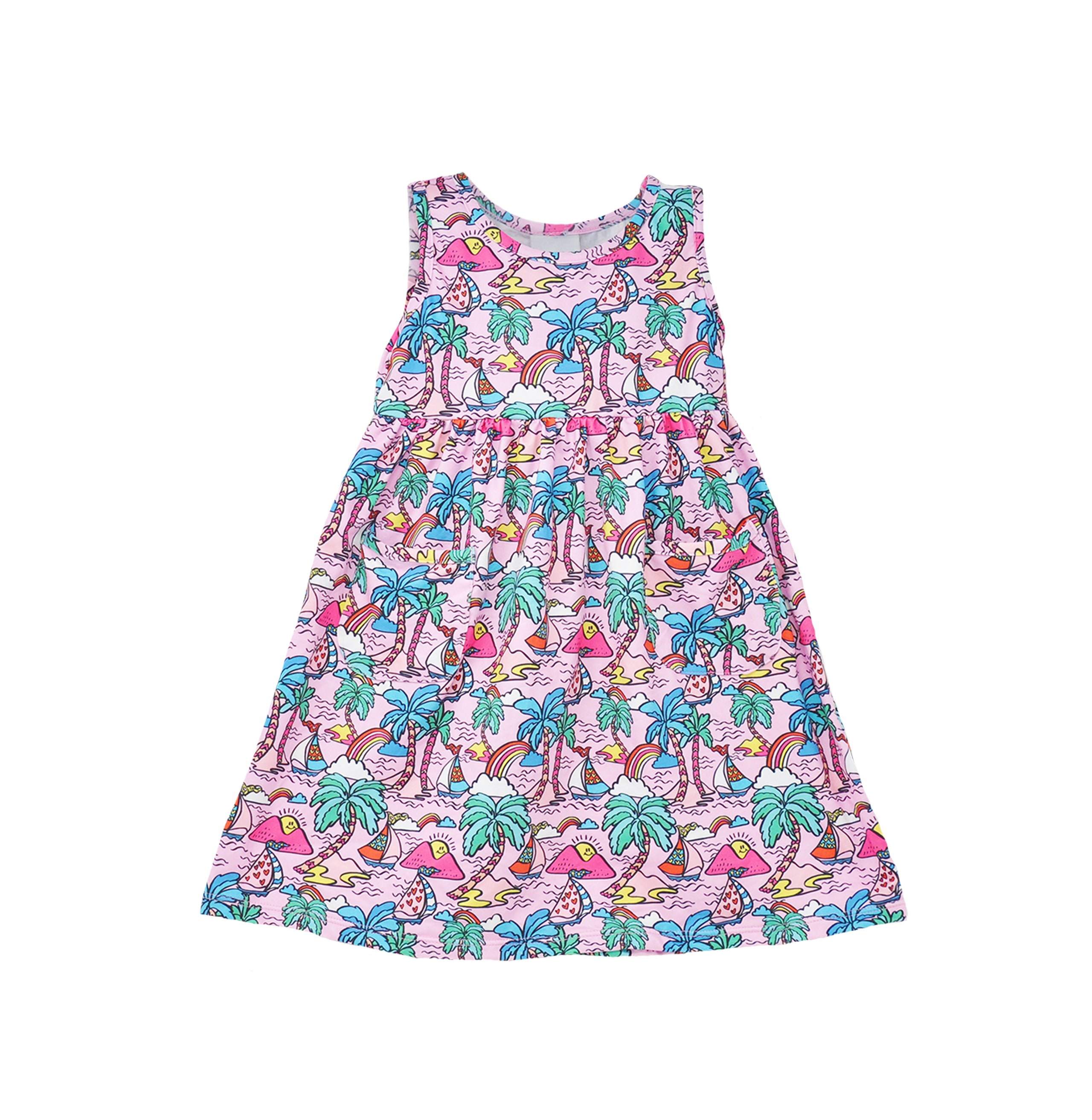Flap Happy Kids UPF 50+ sleeveless dress with pockets Island Doodles for sun protection. The Print is Pink background with color Palm Trees, sail boats and rainbows.