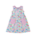 Flap Happy Kids UPF 50+ sleeveless dress with pockets Mermaid Friends for sun protection. The Print is White background with colorful mermaids, and surrounded by whales, fish and turtles. 