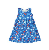Flap Happy Kids UPF 50+ sleeveless dress with pockets Nautical Fun for sun protection. The Print is Navy background with light blue whales, octopus, sail boats and Red color crabs.