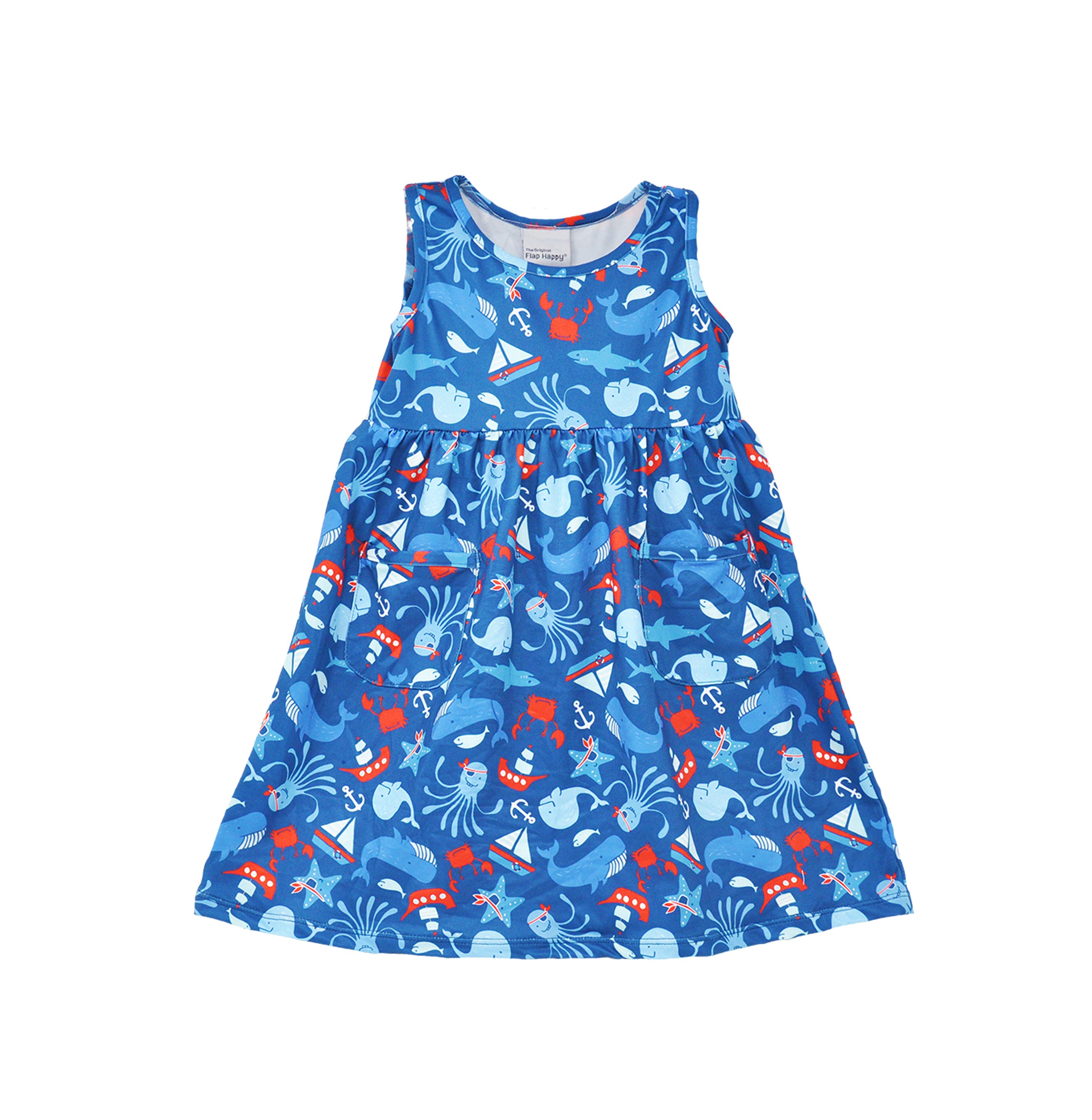 Flap Happy Kids UPF 50+ sleeveless dress with pockets Nautical Fun for sun protection. The Print is Navy background with light blue whales, octopus, sail boats and Red color crabs.