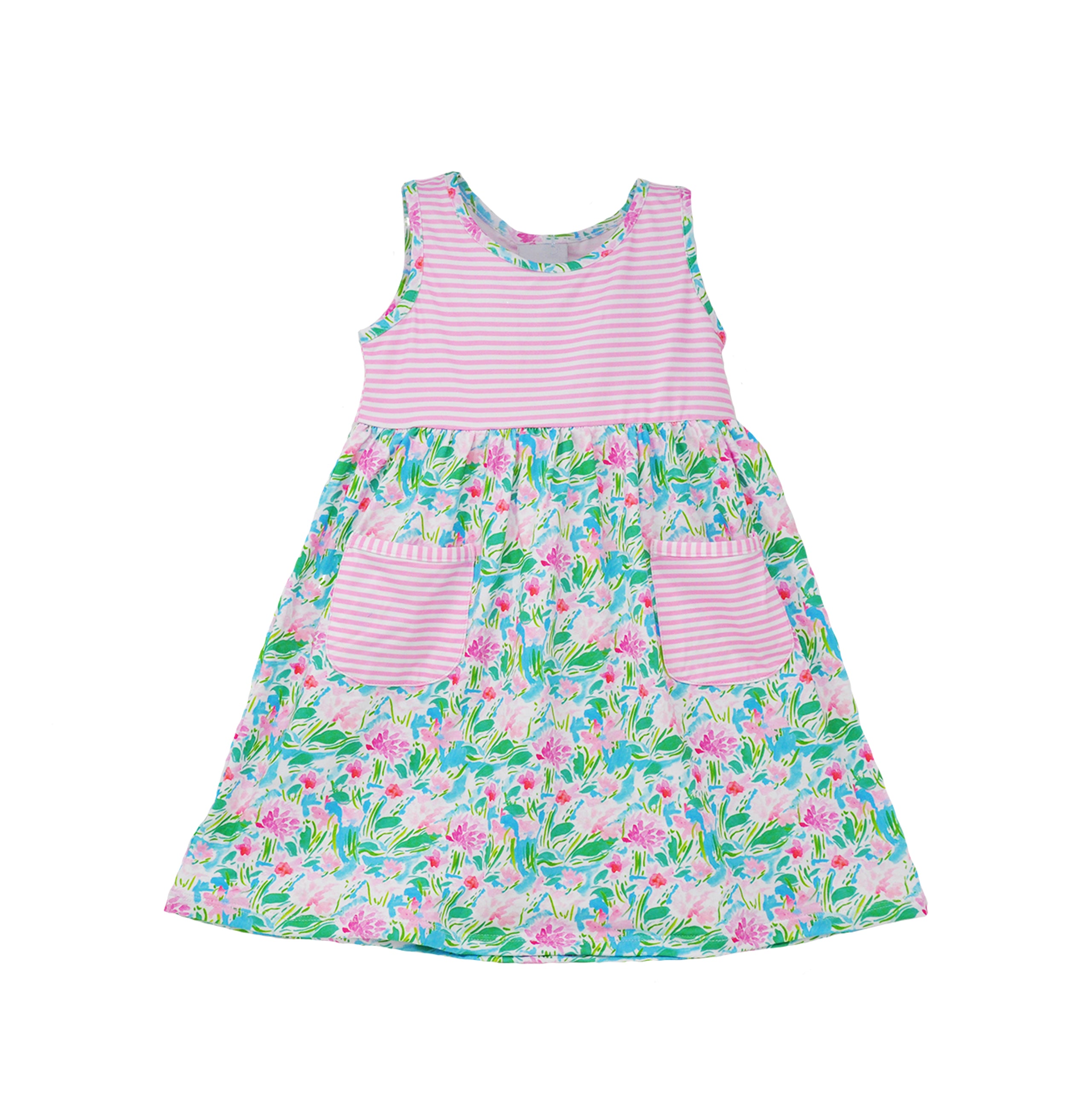 Flap Happy Kids UPF 50+ sleeveless dress with pockets Lotus and Lillies for sun protection. The Print is white background with  green Lotus and Pink Lillies.