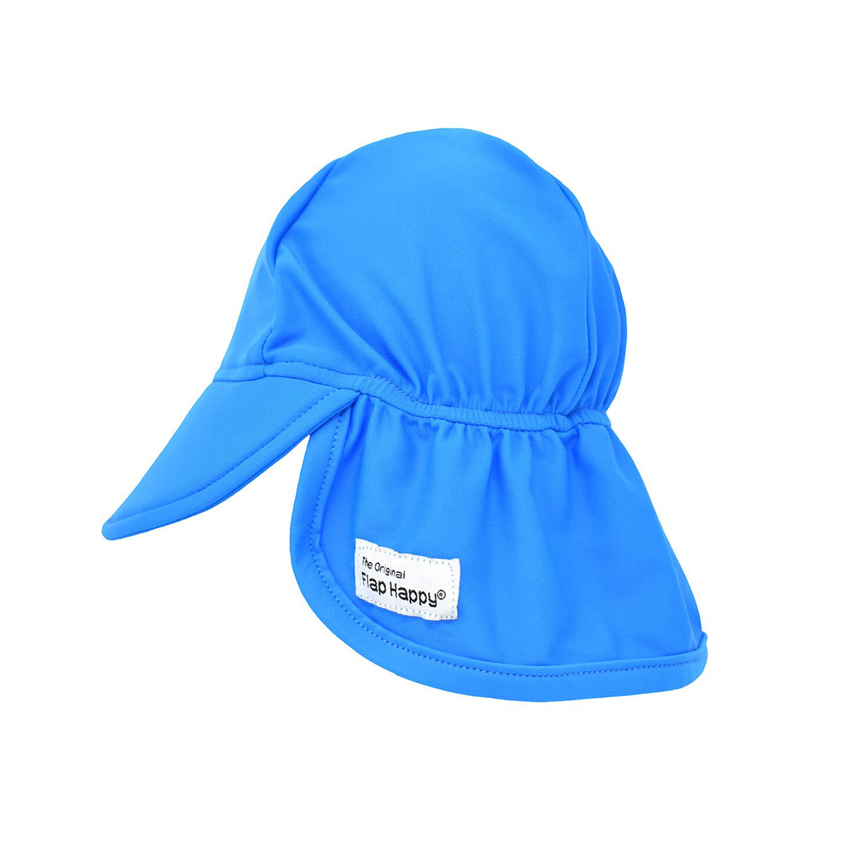 A bright blue swim hat with a built-in neck flap featuring a small white 'tap Happy' brand label on the side, shown against a plain white background.