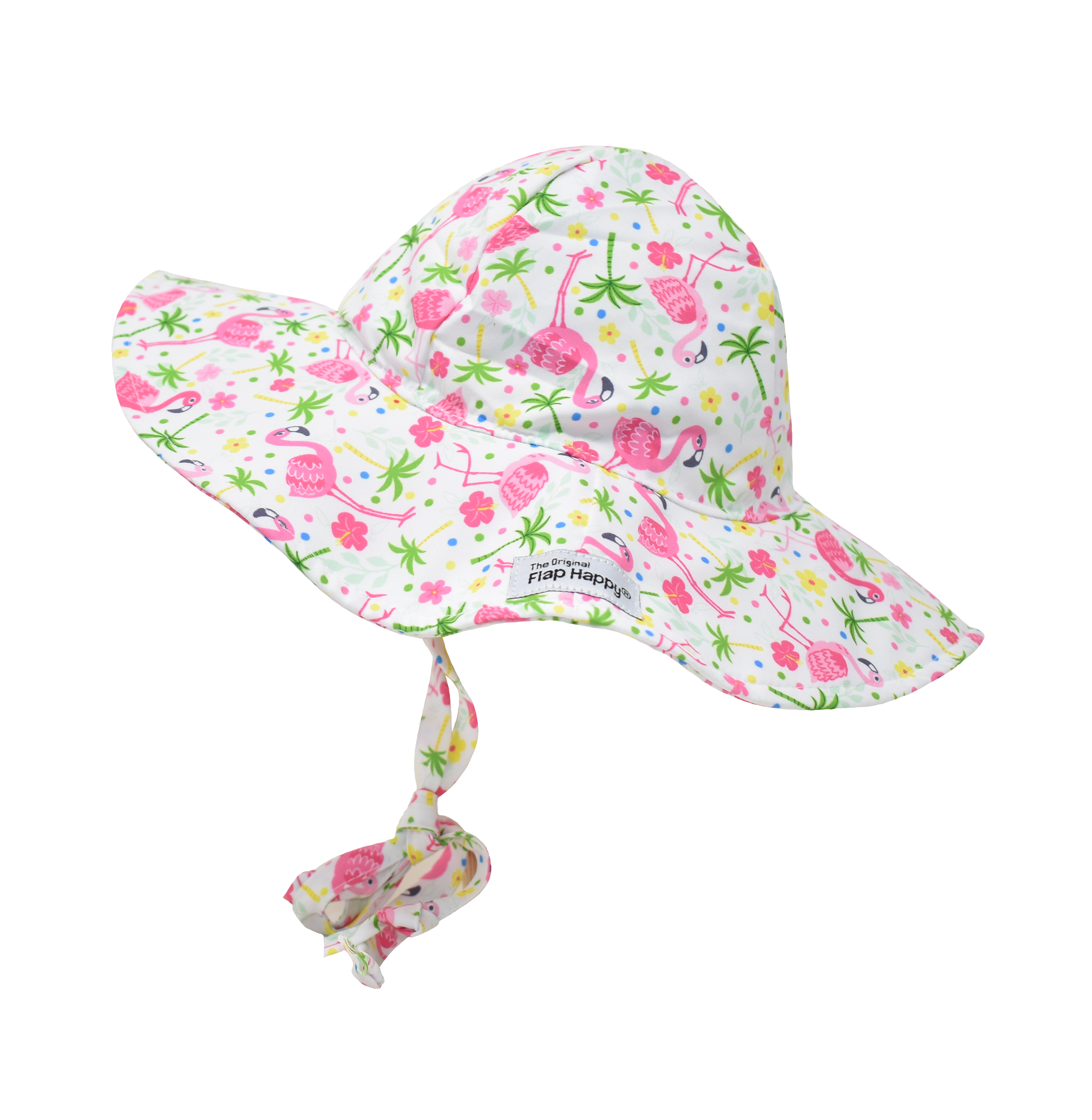 UPF 50+ Floppy Hat - Flamingo Party. White hat with  light and dark pink flamingos, green palm trees, pink and yellow hibiscus flowers, and multicolor polka dots. Ties around neck.
