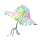 UPF 50+ Floppy Hat - Hibiscus Blooms. Multicolored watercolor hat with white linework hibiscus flowers. Ties around neck.