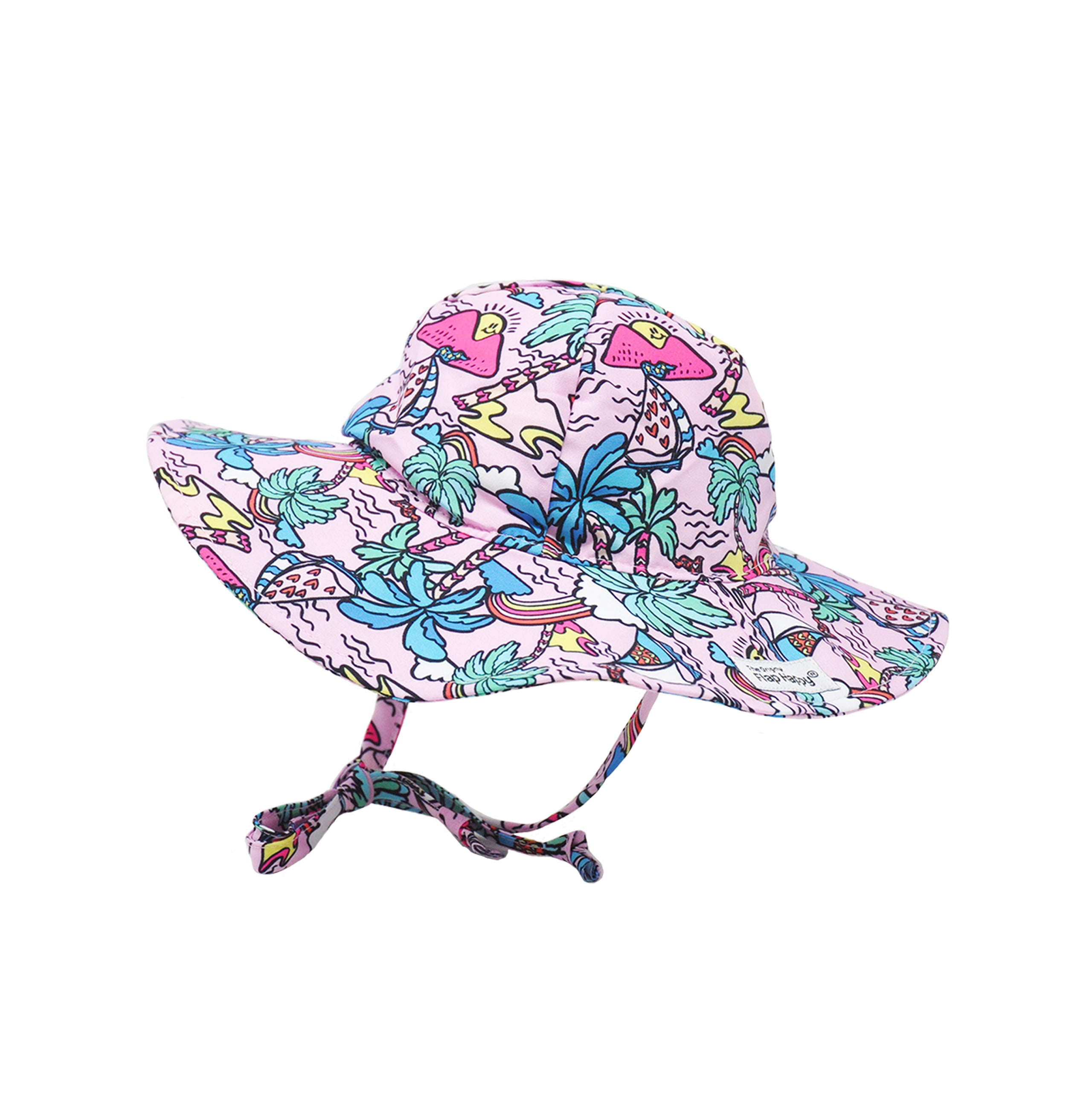 Flap Happy Kids UPF 50+ Floppy Sun Hat in Island Doddles . The print has colorful icons of palm trees, with water waves, rainbows and sail boats on a pink background.