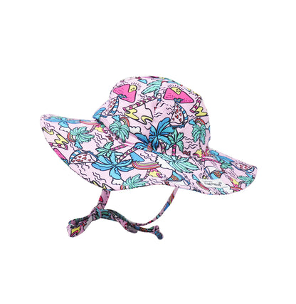 Flap Happy Kids UPF 50+ Floppy Sun Hat in Island Doddles . The print has colorful icons of palm trees, with water waves, rainbows and sail boats on a pink background.