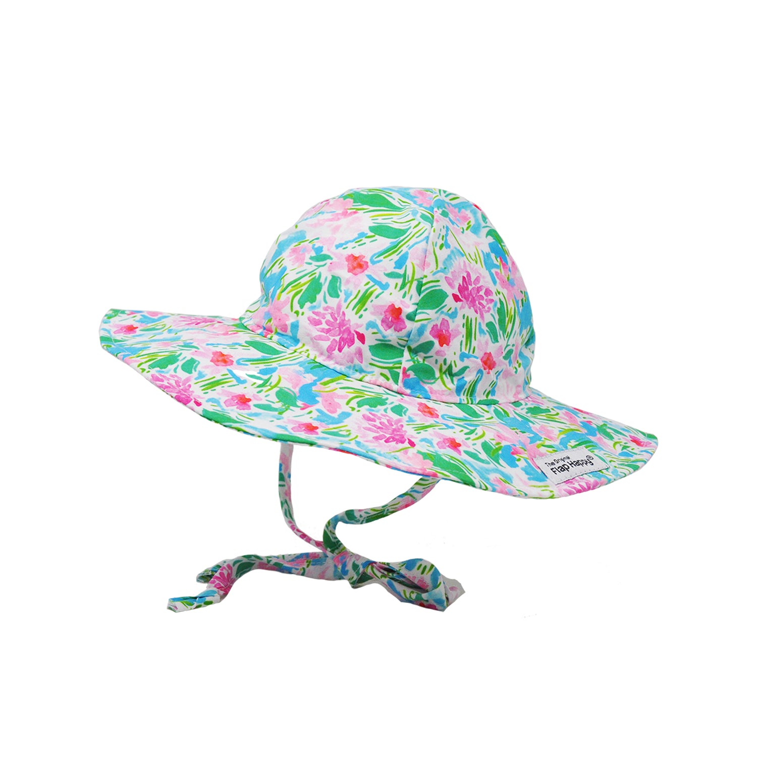  Flap Happy Kids UPF 50+ Floppy Sun Hat in Lotus and Lilies The print has green color lotus, and Pink Lilies. 