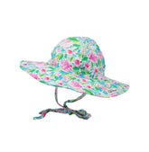  Flap Happy Kids UPF 50+ Floppy Sun Hat in Lotus and Lilies The print has green color lotus, and Pink Lilies. 