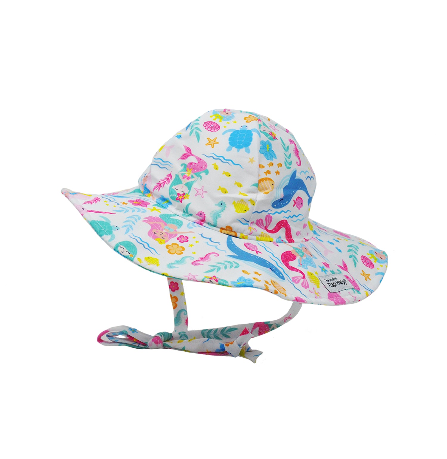 Flap Happy Kids UPF 50+ Floppy Sun Hat in Mermaid Friends. The print in a white background, with blue whales, turtles and water waves . 