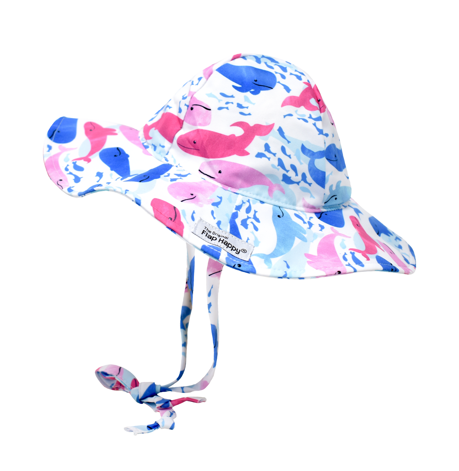 UPF 50+ Floppy Hat - Rosy Whales. White hat with light and dark pink, and light and dark blue watercolor whales. Ties around neck.