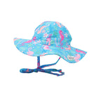 Flap Happy Kids UPF 50+ Floppy Sun Hat in Seahorse Garden for sun protection. The Print is blue with pink and orange seahorses, included leaves and flower garden.