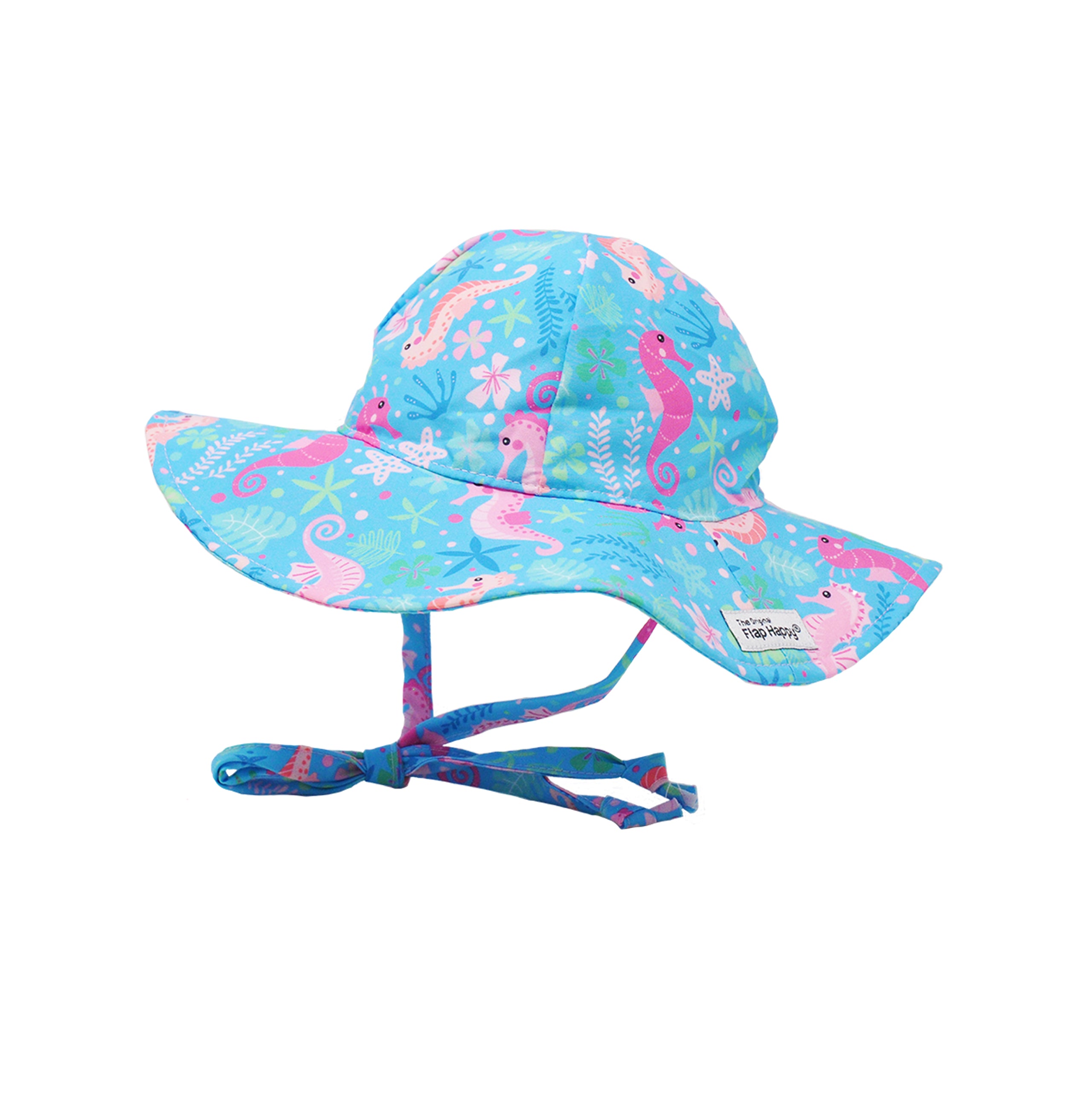 Flap Happy Kids UPF 50+ Floppy Sun Hat in Seahorse Garden for sun protection. The Print is blue with pink and orange seahorses, included leaves and flower garden.