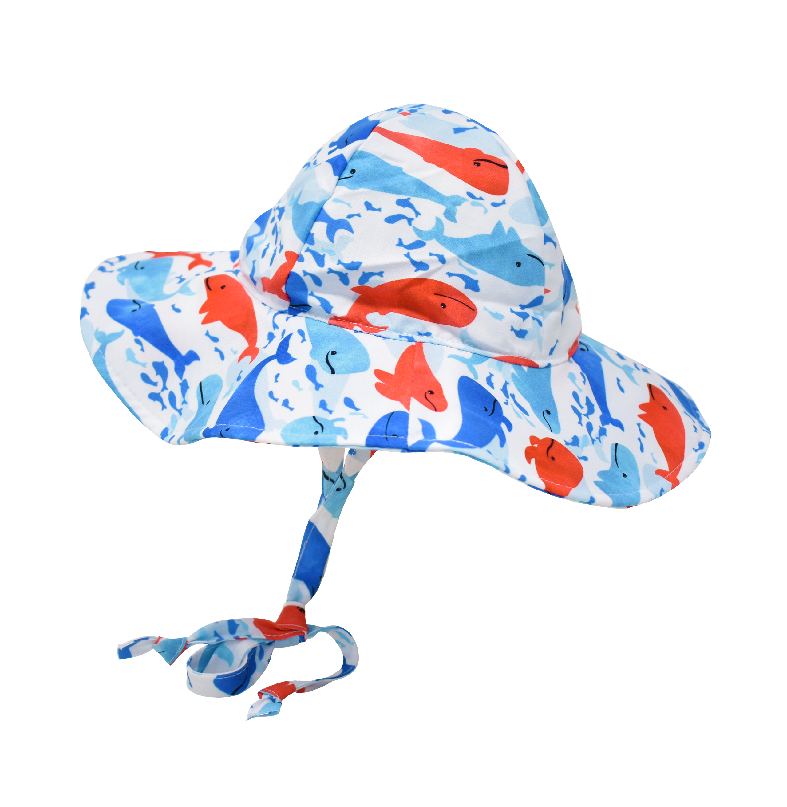 UPF 50+ Floppy Hat - Splish Splash Whale Blue. White hat with  red, light blue and dark blue watercolor whales. Ties around neck.
