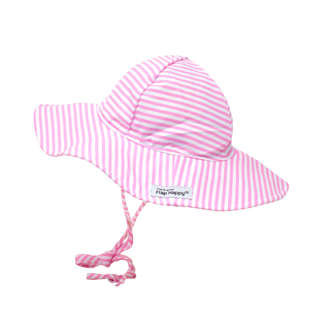 UPF 50+ Floppy Hat - Sweet Pink Stripe. Hat made of light pink and white striped fabric. Ties around neck.