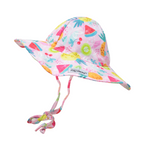 UPF 50+ Floppy Hat - Fruit Fiesta. Light pink hat with  watermelon, pineapple, kiwis, cherries and multicolor floral linework. Ties around neck.