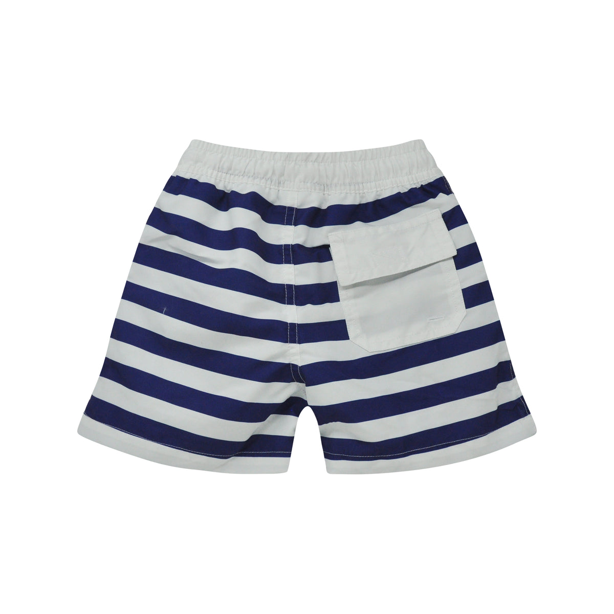 Back view of a Blue and white striped shorts on a white background