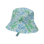 Bucket hat with palm tree pattern on a blue and white background