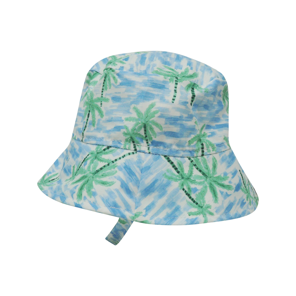 Bucket hat with palm tree pattern on a blue and white background
