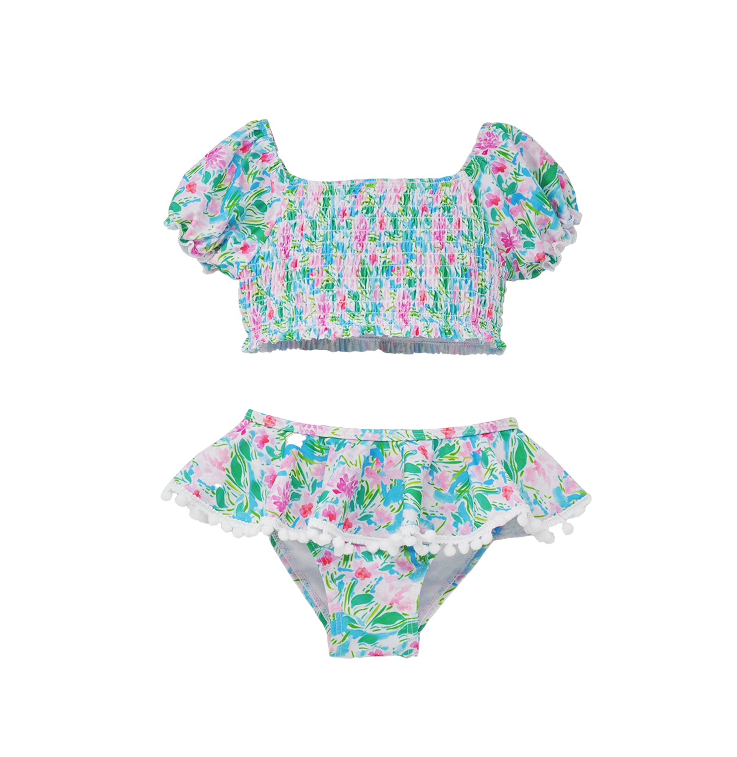 UPF 50+ Gemma Two Piece Smocked Pom-Pom Swimsuit