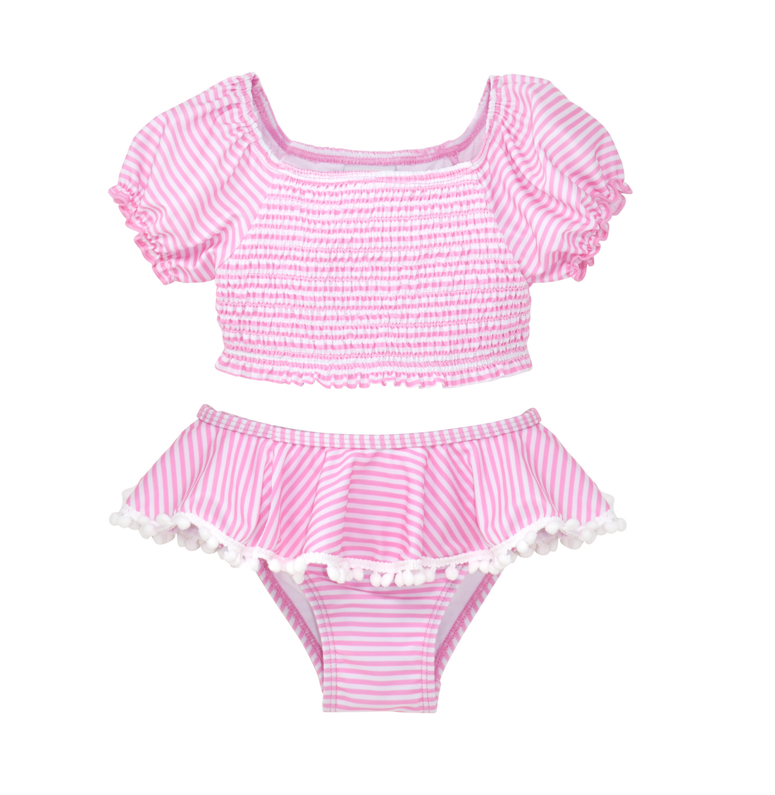 UPF 50+ Gemma Two Piece Smocked Pom-Pom Swimsuit - Sweet Pink Stripe. Puff sleeve and smocked two piece swimsuit with light pink and white stripes. Has white pom-pom trim on bottoms.