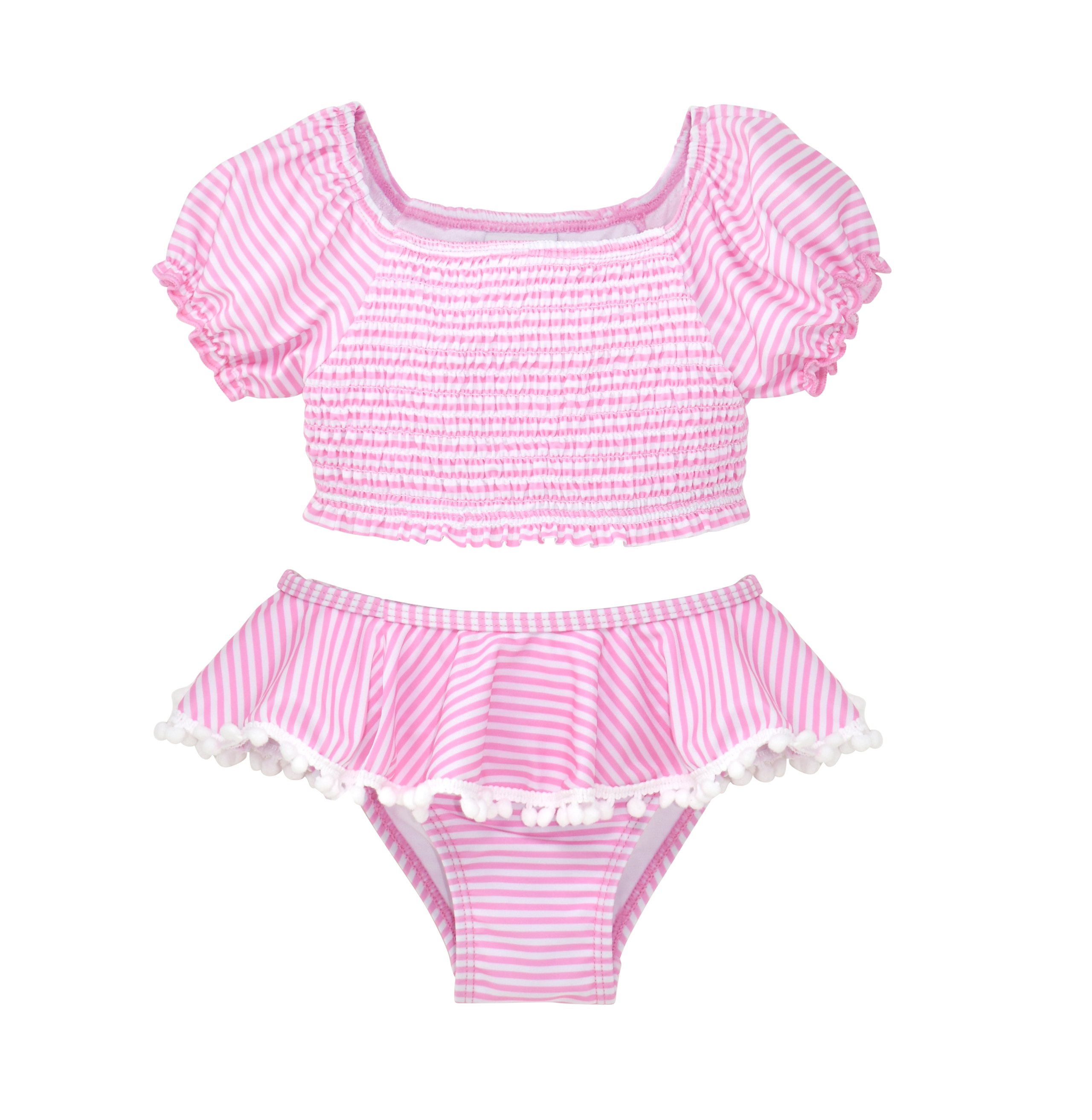 UPF 50+ Gemma Two Piece Smocked Pom-Pom Swimsuit - Sweet Pink Stripe. Puff sleeve and smocked two piece swimsuit with light pink and white stripes. Has white pom-pom trim on bottoms.