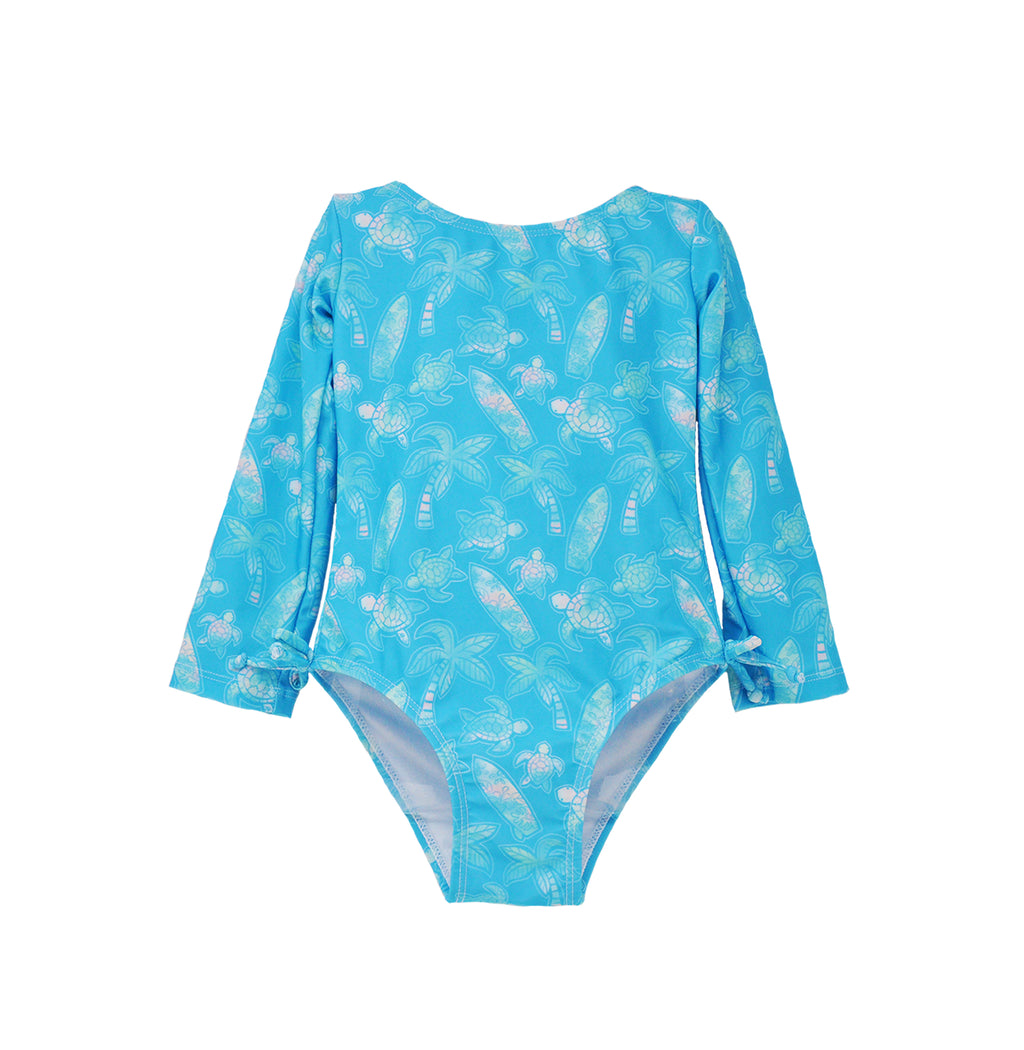 Flap Happy Kids UPF 50 Long sleeve  Rash Guard swimsuit Coco Beach Turtles  for sun protection. The Print is Turquoise with watercolor turtles. surfboards and palm trees.