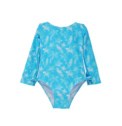 Flap Happy Kids UPF 50 Long sleeve  Rash Guard swimsuit Coco Beach Turtles  for sun protection. The Print is Turquoise with watercolor turtles. surfboards and palm trees.